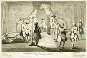 Assembly of Free Masons for the Initiation of a Master, kandidatens ingång till logen, från The Ceremonies of Religion and Custom, c.1733 av French School