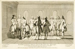 Assembly of Free Masons to Initiate an Apprentice, från The Ceremonies of Religion and Custom, c.1733 av French School