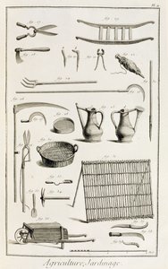 Sortiment av trädgårdsredskap, från Encyclopedie des Sciences et Metiers av Denis Diderot (1713-84) publicerad ca 1770 av French School