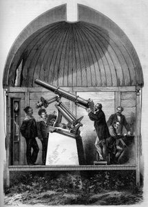Astronomi: Fransk astronomisk ram transporteras till Yokohama (Japan) för att observera planeten Venus passera förbi solen. Gravyr i "" Le Monde Illustré"" nr 904 av 8 augusti 1874. av French School