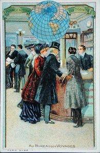 "At the Travel Agents", från en serie samlarkort för barn, ca 1880-90 (färglitografi) av French School
