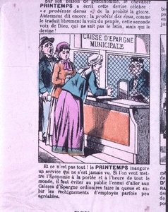 Vid kassan på en stads sparbank, handelskort som annonserar varuhuset "Le Printemps", 1800-talets andra hälft (färggravyr) av French School