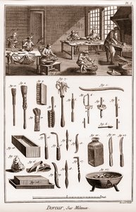 Verkstad av en förgyllare på metaller - "" The Great Encyclopedia, eller Dictionnaire Raisonne des Sciences, des Arts et des Metiers" (Encyclopedia or Dictionary of the Sciences, Arts and Professions) av Denis Diderot (1713-1784) och Jean d
