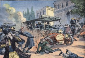 Attack mot Shahen av Persien Mohammad Ali Shah Qajar (1872-1925). Gravyr från tidningen "Le Petit Parisien"” av French School