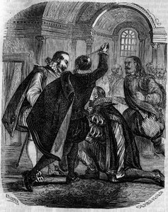 Mordförsök på Jean Chastel (Jean Chatel) (1575-1594) på kungen av Frankrike Henrik IV den 27 december 1594. Gravyr från 1800-talet. av French School