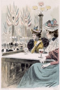 Au Moulin Rouge: kvinnor sitter framför ett glas - i "Nos contemporains" av Octave Uzanne av French School