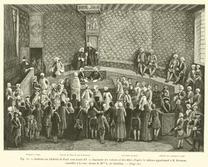Publik på Chatelet i Paris under Ludvig XV, dom över tjuvar och flickor; från målningen som tillhör M Desmaze, rådgivare vid hovet; teckning av Mme L de Chatillon av French School