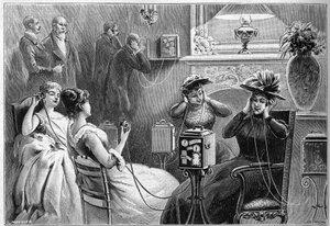 Audition av Theatrophone (teaterauditioner hemma) i loungen på ett storslaget hotell i Paris 1892. av French School