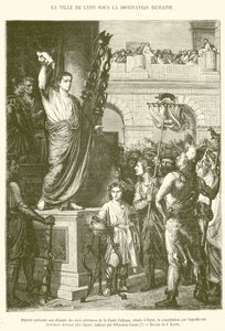 Augustus presenterar för deputeradena i de tre provinserna i det keltiska Gallien, vid möte i Lyon, den konstitution som dessa provinser bör styras av (gravyr) av French School