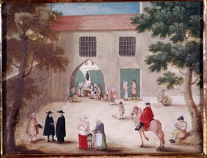 Aumones på innergården till klostret Port Royal des Champs Utsikt över innergården i Port-Royal-des-Champs. Anonym målning av den franska skolan av French School