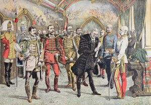 Österrikisk-ungerska krisen - mottagande av ungerska magnater av kejsar Franz Josef, illustration från Le Petit Journal, 15 oktober 1905 av French School