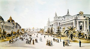 Avenue Nicholas II som visar Grand Palais och Petit Palais under Exposition Universelle i Paris, illustration från 