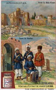 Bala-Hissar Gate i Afghanistan och soldater från den afghanska armén vid Khaiber-övergången. Reklamkromolitografi från 1800-talet. av French School