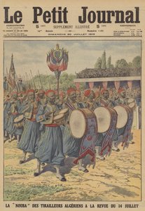 Band of the Algerian Tirailleurs som marscherar i militärparaden på Bastilledagen i Paris (färg litho) av French School