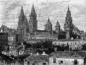 Barockkonst: utsikt över katedralen i Santiago de Compostela (Santiago de Compostela). Spanien. Gravyr i "" Le Monde Illustré"" nr 1220 av 14 augusti 1880. av French School