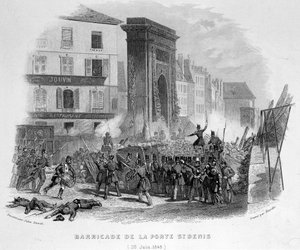 Barrikaden av Porte Saint Denis (23 juni 1848) - i "Fasttes de Gardes Nationales de France"" av French School