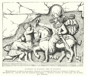 Basrelief nära Kazerun, Iran, som visar den sasaniske kungen Shapur I:s seger över den romerske kejsaren Valerianus i slaget vid Edessa, 260 (gravyr) av French School