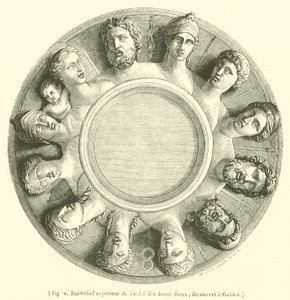 Övre basrelief av de tolv gudarnas altare, upptäckt i Gabies (gravyr) av French School