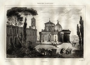 Basilica della Santa Casa - Loreto - Lorette helgedom - Loreto - Basilica of Our Lady of Loreto - Holy House of Loreto eller House of Nazareth - Gravyr från "" Pittoreska Italien"" - Historisk och beskrivande målning av Italien"" av M. de Norvins, Ch. N av French School