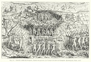 Strid mot Iroquois; efter en gravyr från Sieur de Champlains resor, Xaintongeois, Paris av French School