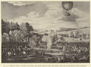 Slaget vid Fleurus, 8 Messidor år II (26 juni 1794), under vilken den fångna militärballongen observerar den österrikiska arméns alla rörelser (gravyr) av French School