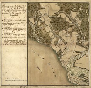 Battle of Green Spring, karta över landet på James Rivers vänstra strand mittemot Jamestown i Virginia där slaget den 6 juli av French School