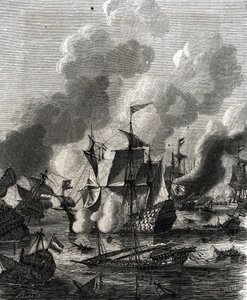 Slaget vid Lagos var ett sjöslag under nioåriga kriget den 27 juni 1693 (gravyr) av French School