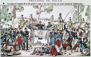 Slaget vid Sedan 1870. Den före detta kejsaren Napoleon III fastnar i Sedan och levererar till preussarna en fransk armé på 80 000 man, bild av en ryggrad. av French School