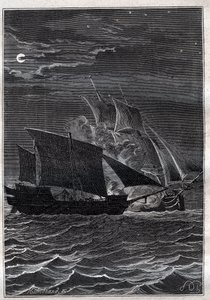 Slaget om svalan och en malaysisk paro: Svalskeppet av Philip Carteret eller Philippe de Carteret (1733-1796) kämpade med ett malaysiskt piratskepp i de indonesiska vattnen 1767 - illustration från "The Great Mariners of the 18th century"" av French School