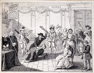 Beaumarchais piskas i Saint Lazare - scen med Beaumarchais som håller i broschyren för Folle journee - från ap. målning av Comedie Francaise, gravyr av French School