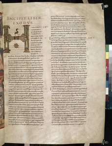 Början av Exodusboken, med dekorerad initial "H", från Moutier-Grandval Bibeln, av French School