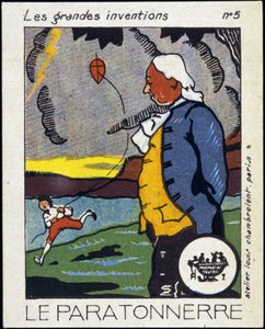 Benjamin Franklin, amerikansk politiker och fysiker (1706-1790) och blixtledaren (upplevelsen av draken) - Label, Deb. 1900-talet av French School