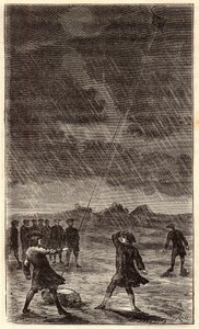 Benjamin Franklins blixtexperiment - Erfarenhet av Benjamin Franklin (1706-1790) som flyger ett flygande rådjur för att demonstrera blixtens elektriska natur. Målarstick av 1800-talet. Gravering i "" Sciences tillgänglig för alla - fys av French School
