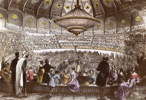 Berlioz dirigerar sin konsert den 19 januari 1845 på Cirque Olympique i Paris - Hector Berlioz (1803-1869), i hallen på den olympiska cirkusen på Champs Elysees i Paris av French School