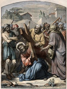 Bibelscen - Korsets väg: Jesus hjälper av Simon från Cyrene (kyrenéen). Gravyr i "" Le Pelerin"" av den 13 september 1896. av French School