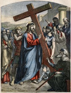 Bibelscen - Korsvägen: Jesus är korsets börda. Gravyr i "" Le Pelerin"" av 3 maj av French School