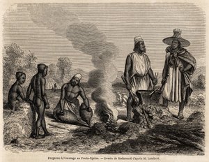 Smeden har arbetet på Fouta Djalon (Senegal), ritning av Hadamard, för att illustrera löjtnant Lamberts resa till Fouta Djalon 1860. Gravyr i "" Le tour du monde"" 1861. Selvas samling. av French School