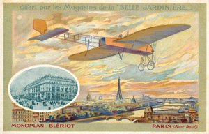 Bleriot monoplan och en vy över Paris som visar Pont Neuf (chromolitho) av French School