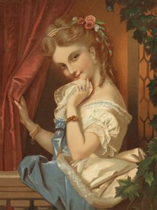 Blond flicka, med förföriskt leende (chromolitho) av French School