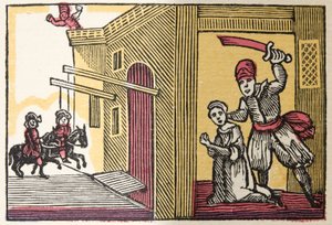 Blue Beard från Historier eller berättelser om förflutna tider berättade av Mother Goose, With Morals, av M Perrault, pub. 1925 (handfärgat träblockstryck) av French School