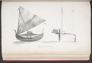 Båt från Carolineöarna, från A Picturesque Voyage Around the World, med porträtt av vildar från Amerika, Asien, Afrika och öarna i det stora havet; landskap, havsutsikt och flera naturhistoriska föremål; tillsammans med av French School