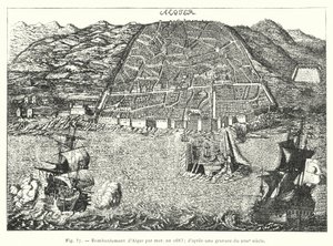 Bombardering av Alger till sjöss, 1683; efter en gravyr från 1600-talet (gravyr) av French School