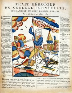 Bonaparte (1769-1821) planterar den franska flaggan på Lodi-bron den 10 maj 1796 från LImagerie Populaire av P.L.Duchartre och R. Saulmier av French School