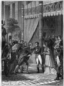 Bonaparte och Josephine de Beauharnais tar emot den unge kungen av Etrurien, Ludvig I (Louis I av Bourbon eller Ludovico I av Borbone) (1773-1803), åtföljd av sin fru Marie Louise (Marie Louise) av Bourbon (1782-1824) i deras hus i Malmaison i juli 180 av French School