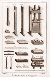 Bokbindare - press och utveckling - "" The Great Encyclopedia, eller Dictionnaire Raisonne des Sciences, des Arts et des Metiers" (Encyclopedia or Dictionary of the Sciences, Arts and Professions) av Denis Diderot (1713-1784) och Jean d