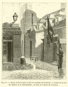Pollare där Madame de Lamballes huvud skars av, i hörnet av rue des Ballets och rue du Roi-de-Sicile, mittemot ingången till La Force av French School