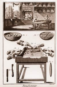 Bouchonnier, tillverkning av korkproppar - "" La Grande Encyclopédie, ou Dictionnaire Raisonne des Sciences, des Arts et des Metiers" (Encyclopedia or Dictionary of the Sciences, Arts and Professions) av Denis Diderot (1713-1784) och Jean d