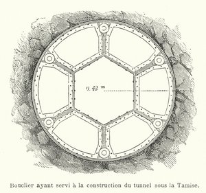 Sköld som användes vid byggandet av tunneln under Themsen (gravyr) av French School