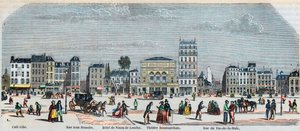 Boulevard Beaumarchais södra sida - Cafe Gibe - Hotel de Ninon de Laclos - Teater Beaumarchais - Rue pas de la mule - Gravyr i "Tableau-de-Paris" av Edmond Texier 1852 av French School