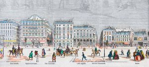 Boulevard des Italiens södra sida - Rue Favart - Opera comique - Rue Marivaux - Engelskt café - Rue Grammont - Bazaar - Gravyr i "Tableau-de-Paris"" av Edmond Texier 1852 av French School